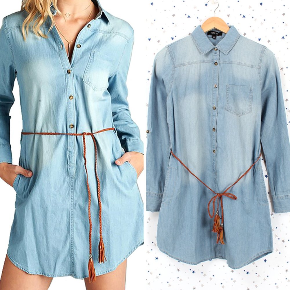 Denim Shirt Dress with Belt Light Blue